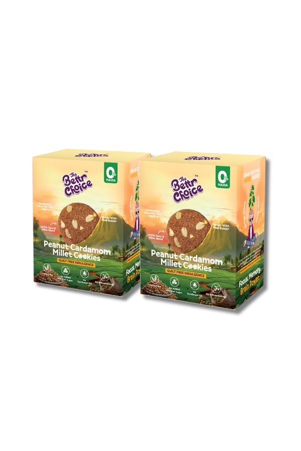 The Bettr Choice Peanut Cardamom Millet Cookies - 100% Whole Grain Blend with Organic Jaggery, Ginkgo Biloba, Dark Couverture Chocolate, No Added Refined Sugar.A Nutrient-Rich Delight - 2 Pack